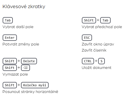klávesové zkratky, aplikace na vytěžování dokladů